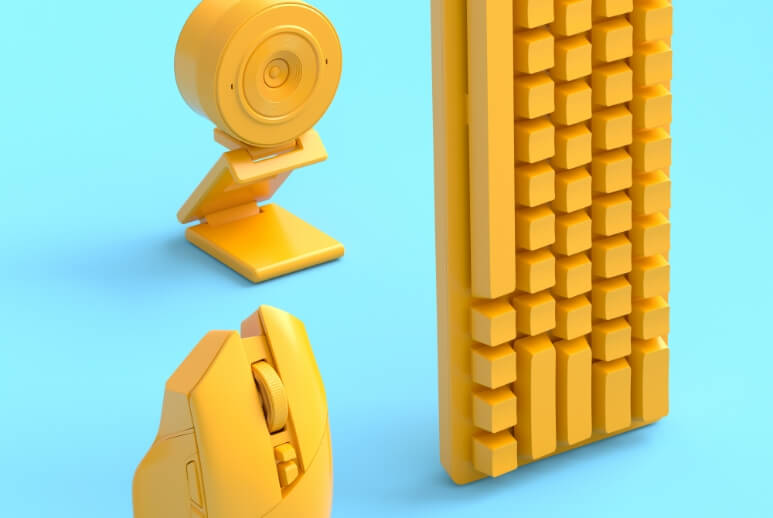 Eine 3D Illustrationen einer Tatstatur, Maus und Webcam.