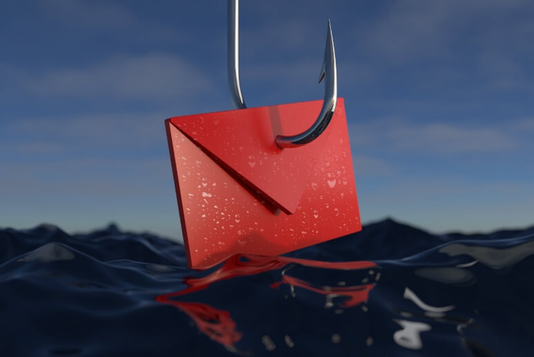Eine 3D Illsutration eines Angelhakens, der einen roten Briefumschlag aus dem Wasser zieht.